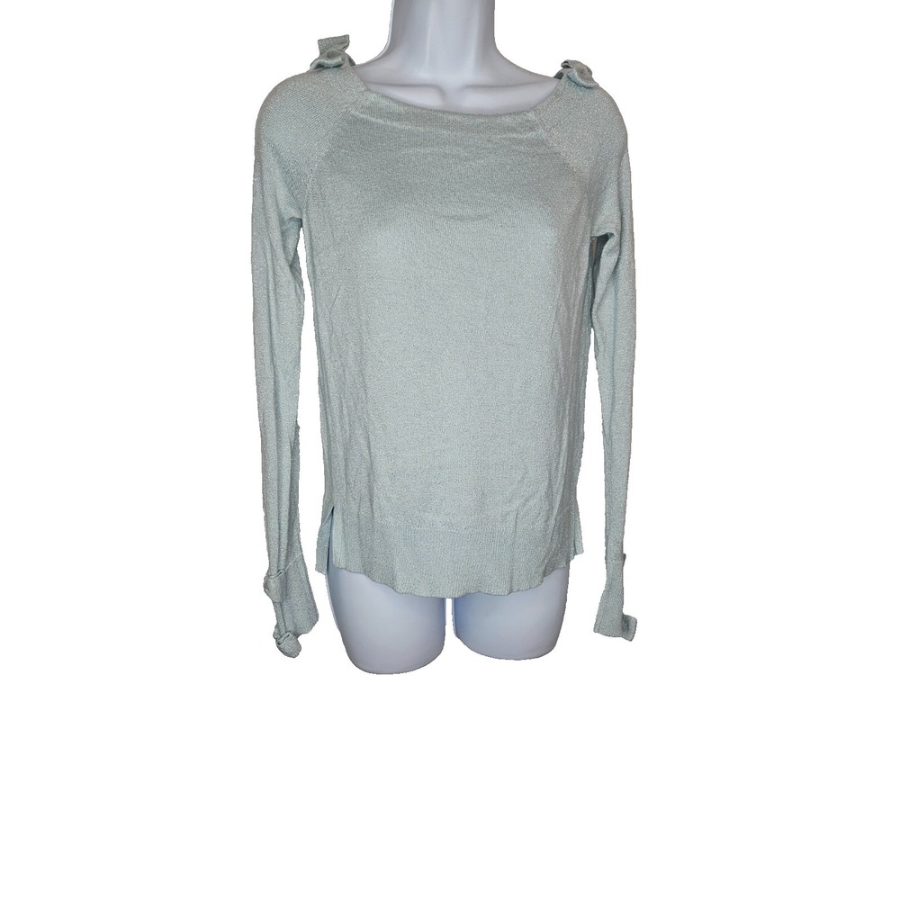 LC Lauren Conrad XS Blue Shimmer Knit Top‎ Bow Shoulder Soft Sparkle Coquette